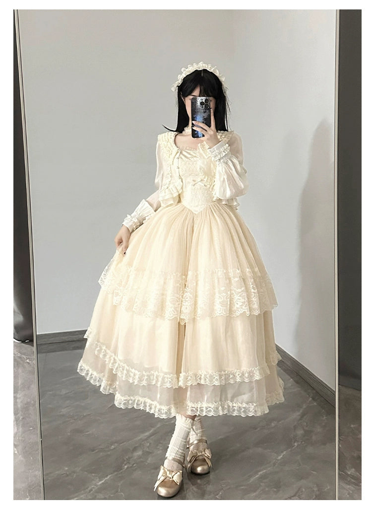 Classic Lolita Dress With Large Flounce Hem And Beige Puff Sleeves Shirt 38068:608710