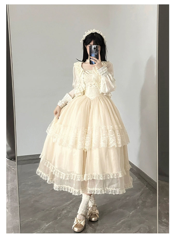 Classic Lolita Dress Flounce Hem Beige OP/JSK Puff Sleeves Shirt 38068:608710