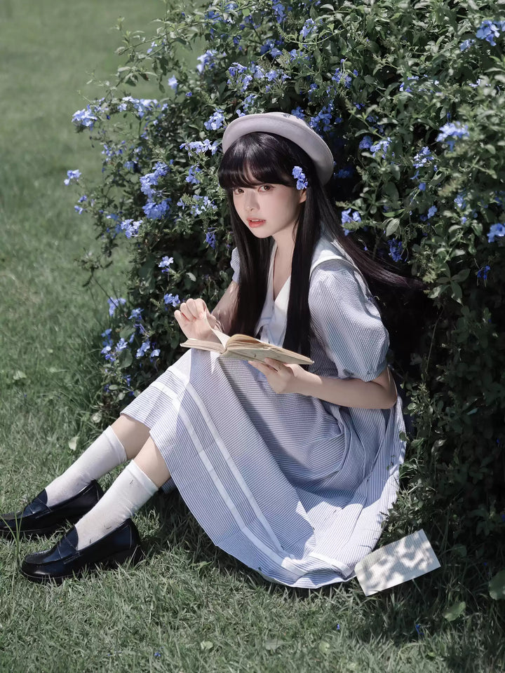 Summer JK Uniform Striped Dress, Sailor Collar 43627:781341