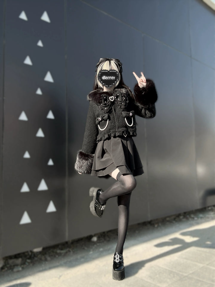 Black Jirai Kei Short Coat, Detachable Faux Fur Collar 44331:805478