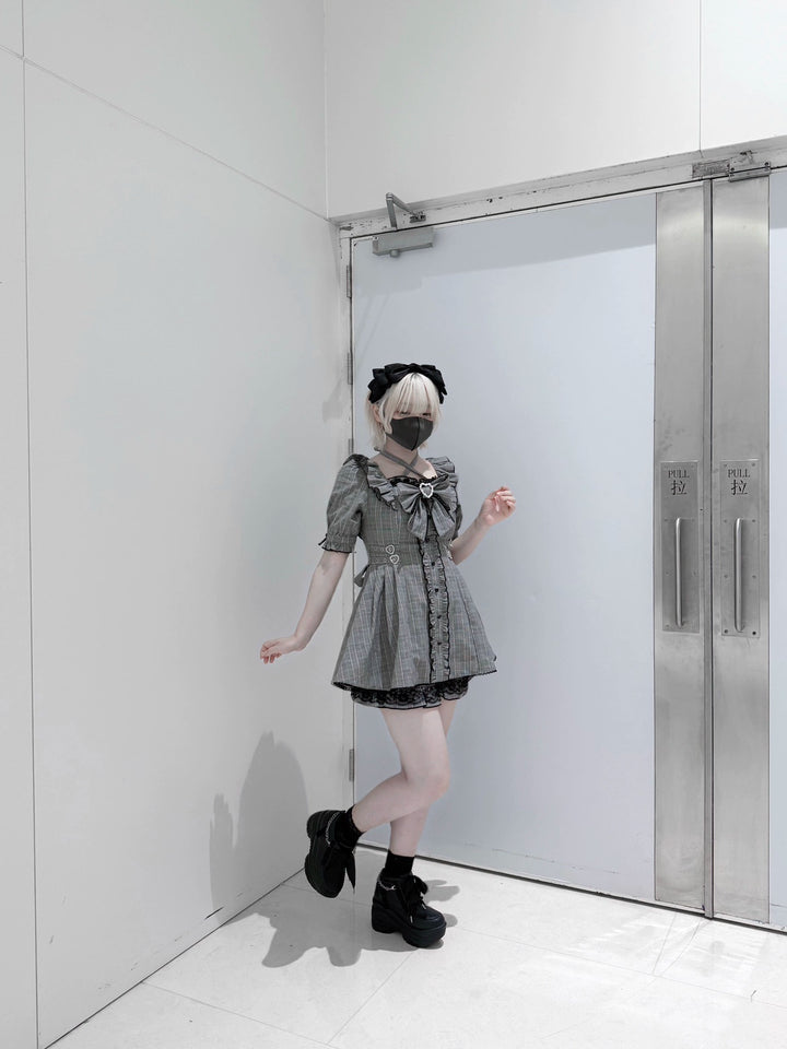 Plaid Jirai Kei Dress Set, Halter Neck, High Waist 43555:779699