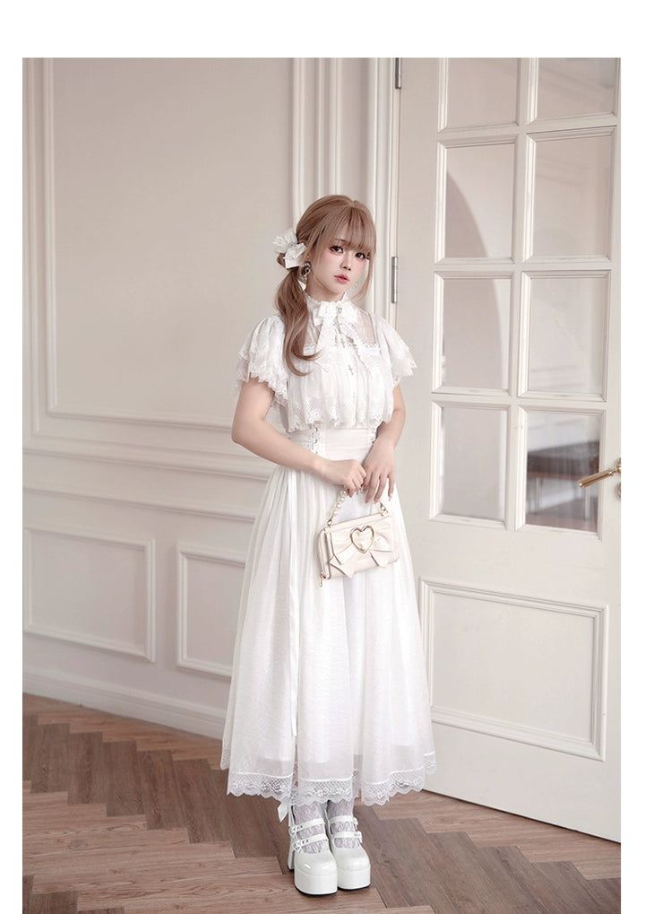 Black / White Jirai Kei Long Dress, Detachable Bow, Cross Detail (L M S) 43510:778761
