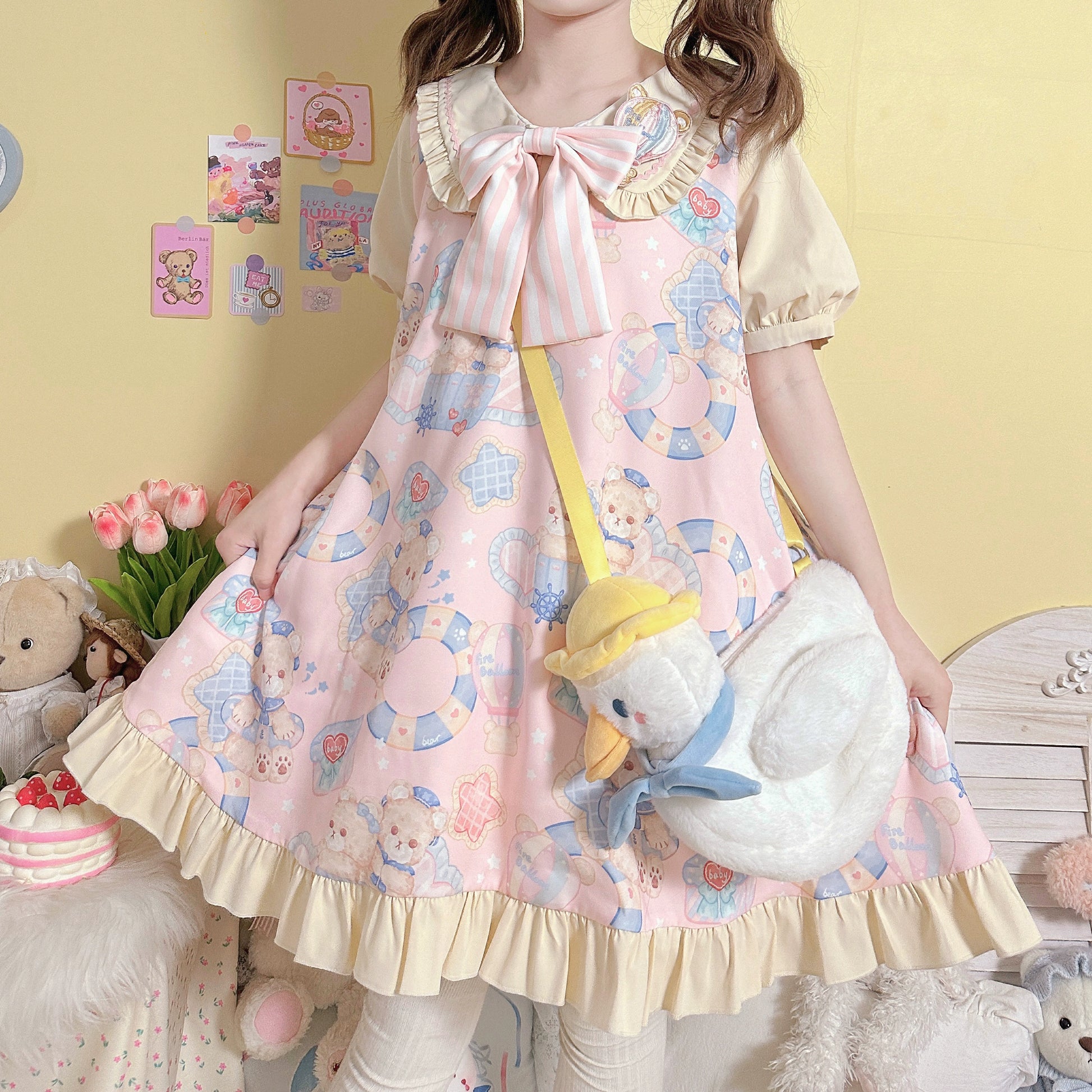 Sweet Lolita Dress Bear Print Jumper Dress Kawaii Salopette (L S) 37288:555334