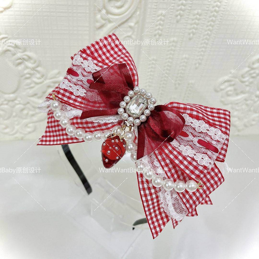 Ryousangata Plaid Strawberry Headband, Adjustable Bow (Red) 43647:782289
