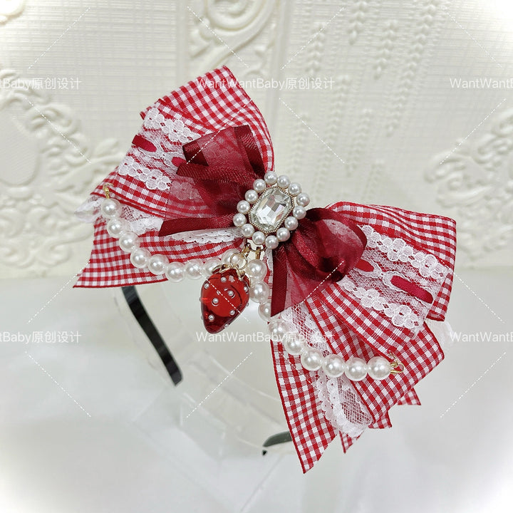 Ryousangata Plaid Strawberry Headband, Adjustable Bow (Red) 43647:782289