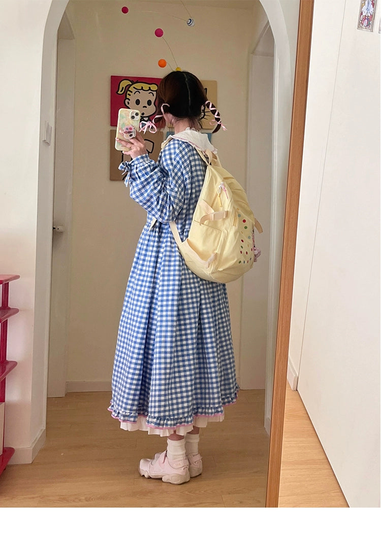 Oversized Mory Kei Dress Plaid Long Sleeve Dress Sweet Dress 36168:517304