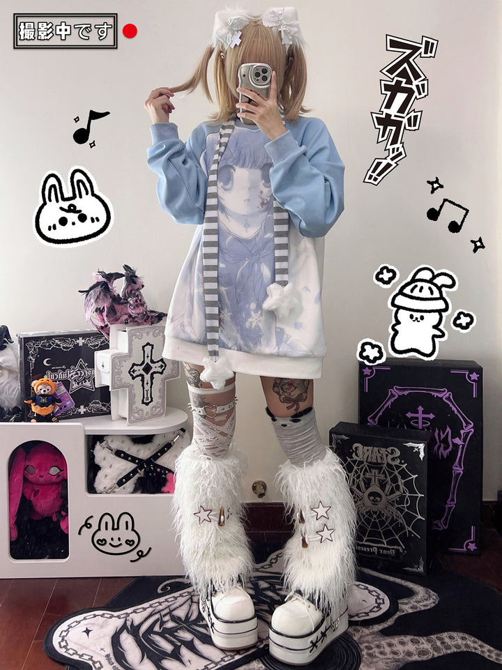 Jirai Kei Blue Sweatshirt Anime Girl Printed Sweatshirt 33326:430992 33326:430992