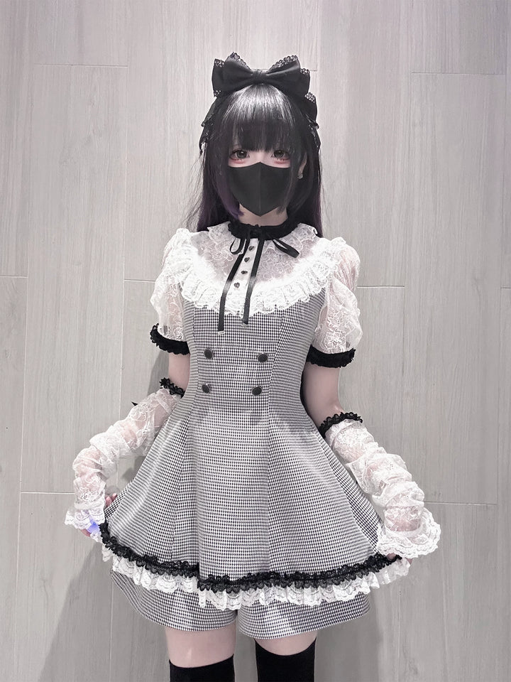 Jirai Kei Houndstooth Pattern Dress, Lace & Detachable Sleeves 44922:828281