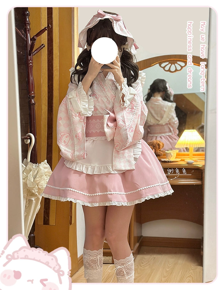 Kimono Lolita Plaid Princess Sleeve Shirt Kawaii Skirt Set 38964:606824