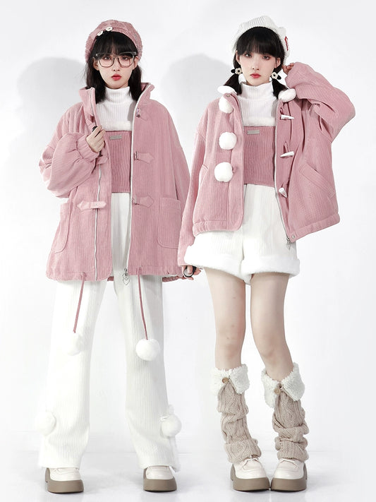 Kawaii Fluffy Pink Padded Coat White Pants 28922:356636