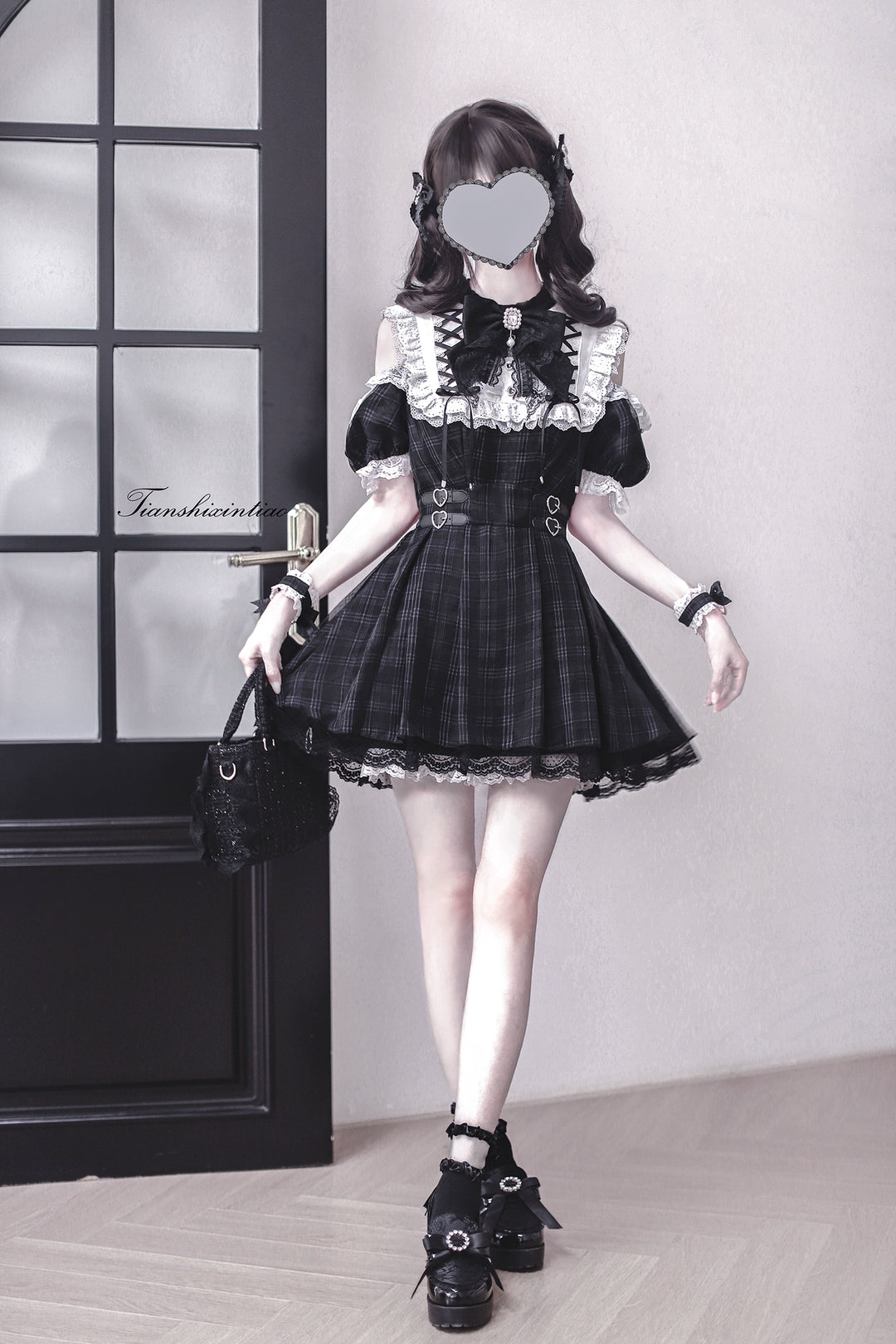 Off-Shoulder Jirai Kei Dress Set with Bow Tie & Safety Shorts 42705:761424