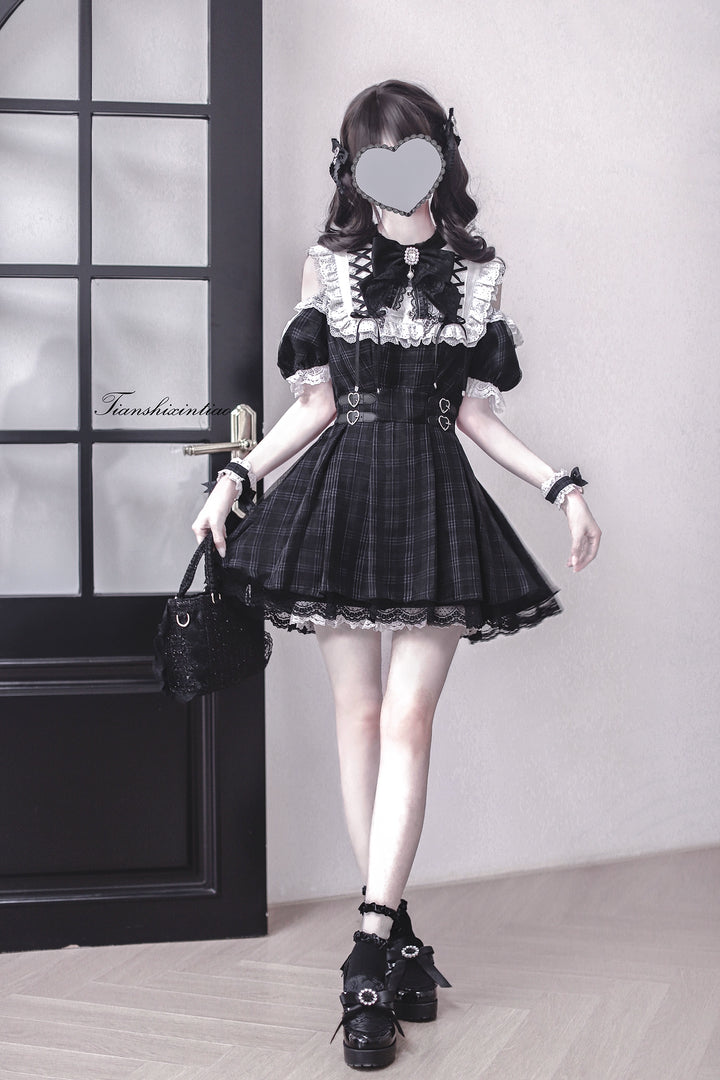 Off-Shoulder Jirai Kei Dress Set with Bow Tie & Safety Shorts 42705:761424