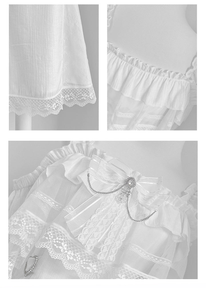 Solid White Jirai Kei Dress With Bust Sheer Overlay 43299:772981