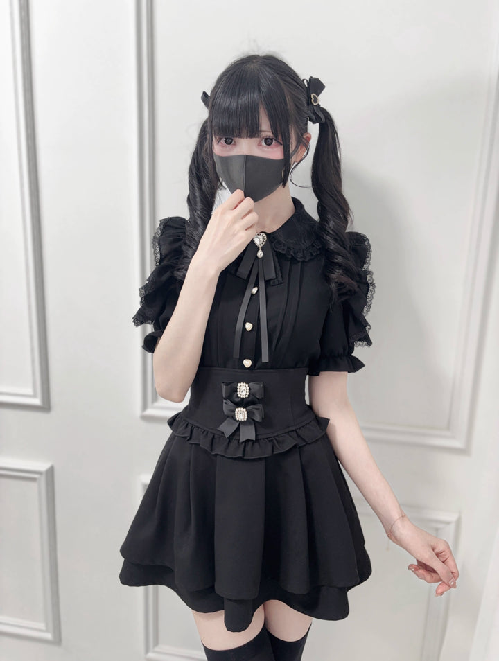 Ruffle Lace Ryousangata Blouse with Pearl Buttons And Ribbon 43103:765833