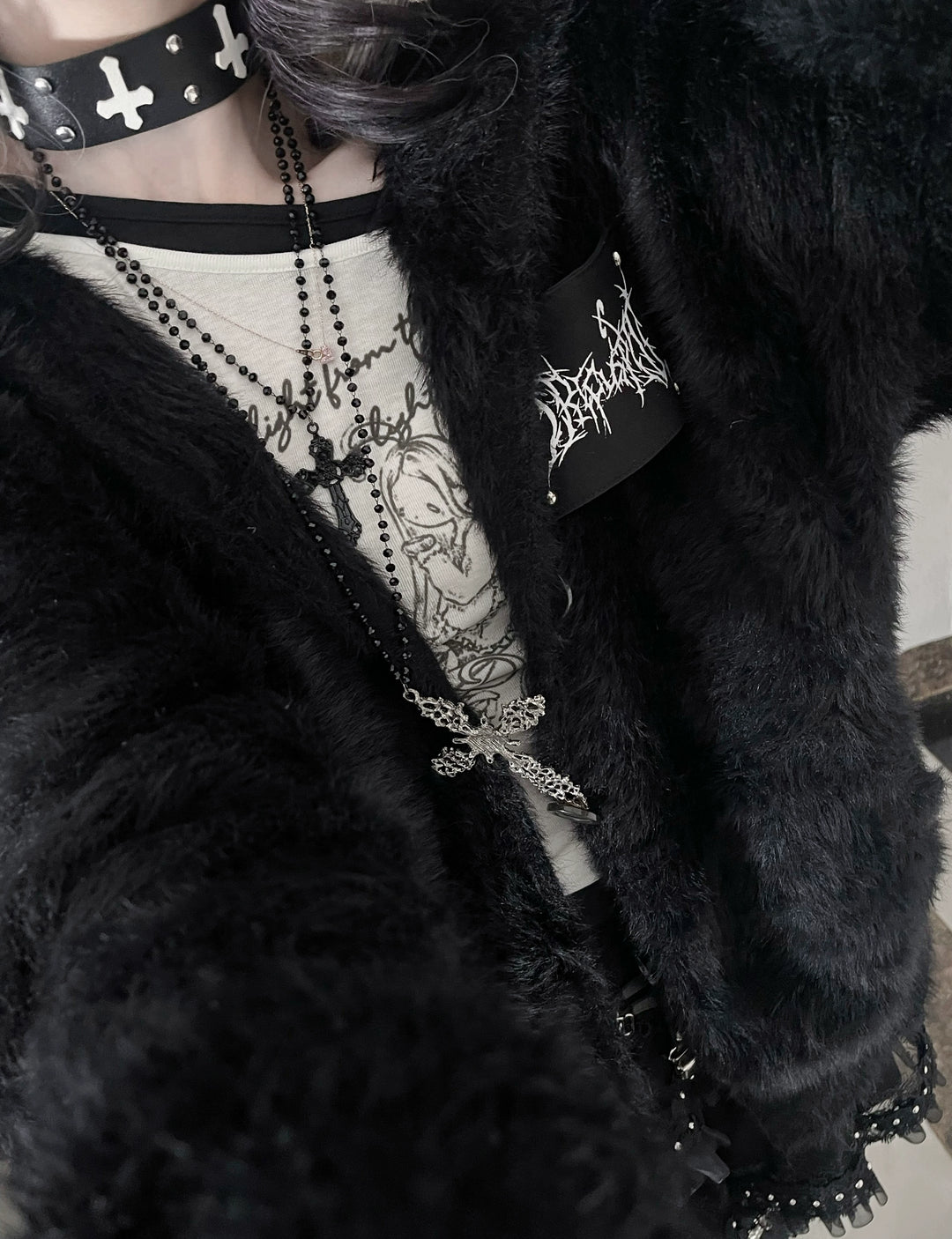 White/Black Knitted Coat, Long Bunny Ear Hood 44334:804902