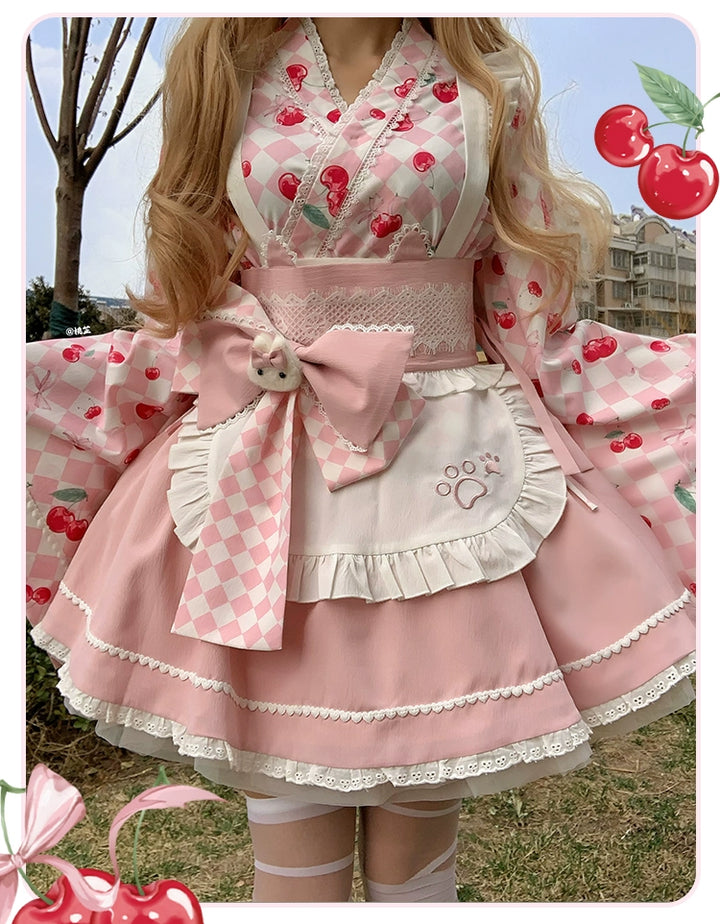 Kimono Lolita Plaid Princess Sleeve Shirt Kawaii Skirt Set (L M) 38964:606820