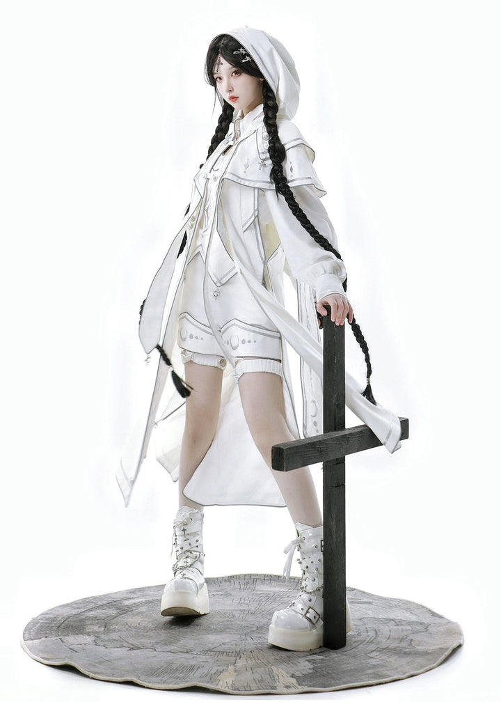 Cyberpunk Cloak Set White Hooded Cloak Top And Shorts 38820:602020