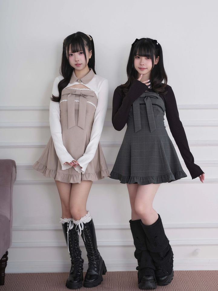 Ryousangata Dress & Knit Bolero Set, Plaid/Striped Pattern 46030:873160
