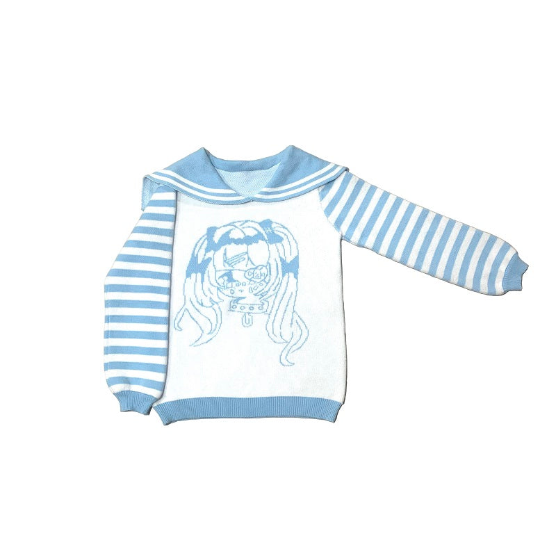 Yami Kawaii Sky Blue Sailor Collar Stripped Sweater 29190:341082 29190:341082