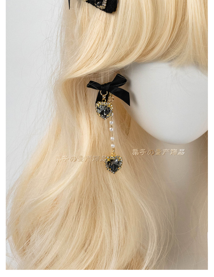 Jirai Kei Earrings Rhinestone Bow Pearl Chain Ear Clip 39658:647746