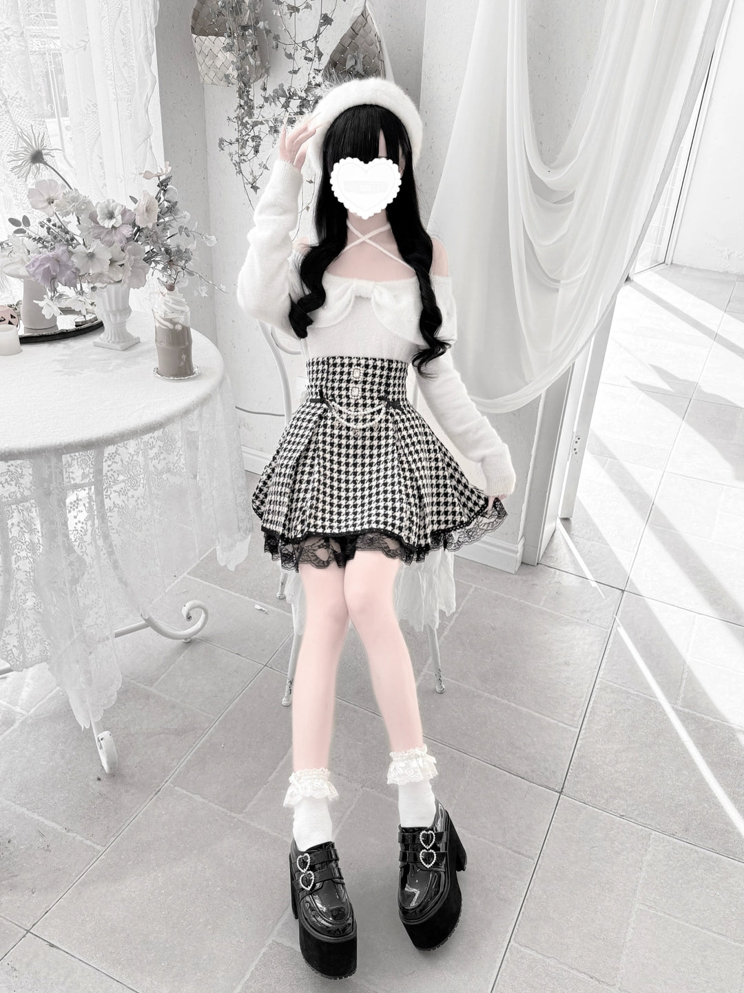 Jirai Kei Open-Shoulder Sweater, Faux Mink Plush 44156:797412