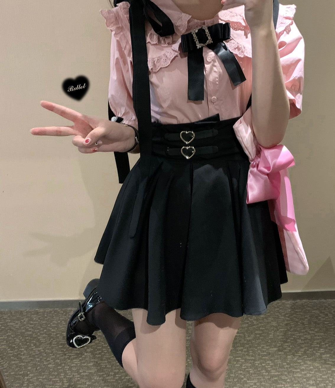Jirai Kei Overall Dress Salopette Heart Buckle Suspender Skirt (Black / Preorder) 35386:526748
