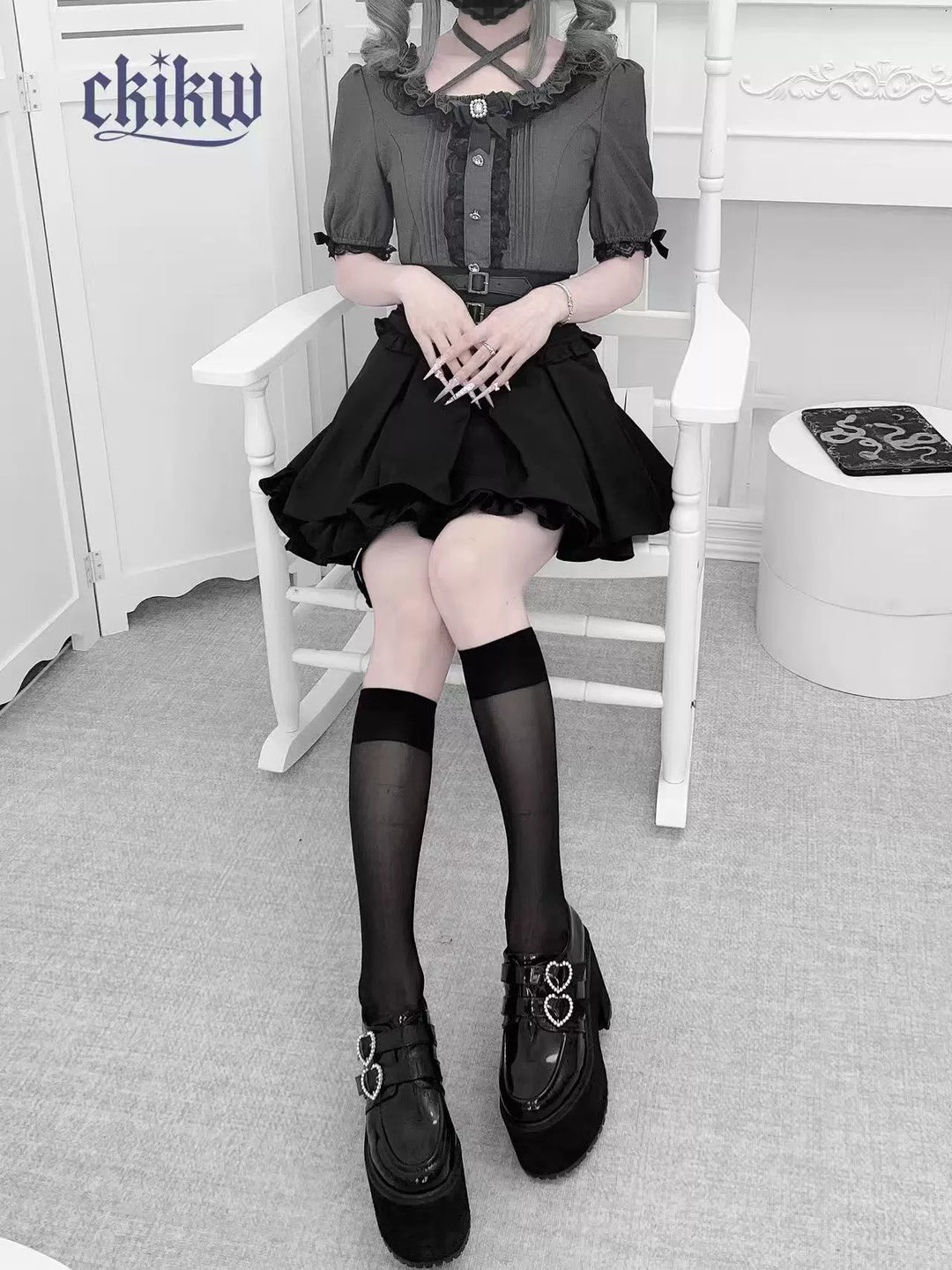 Lace Square Neck Jirai Kei Blouse, Detachable Rhinestone Bow 43611:780664