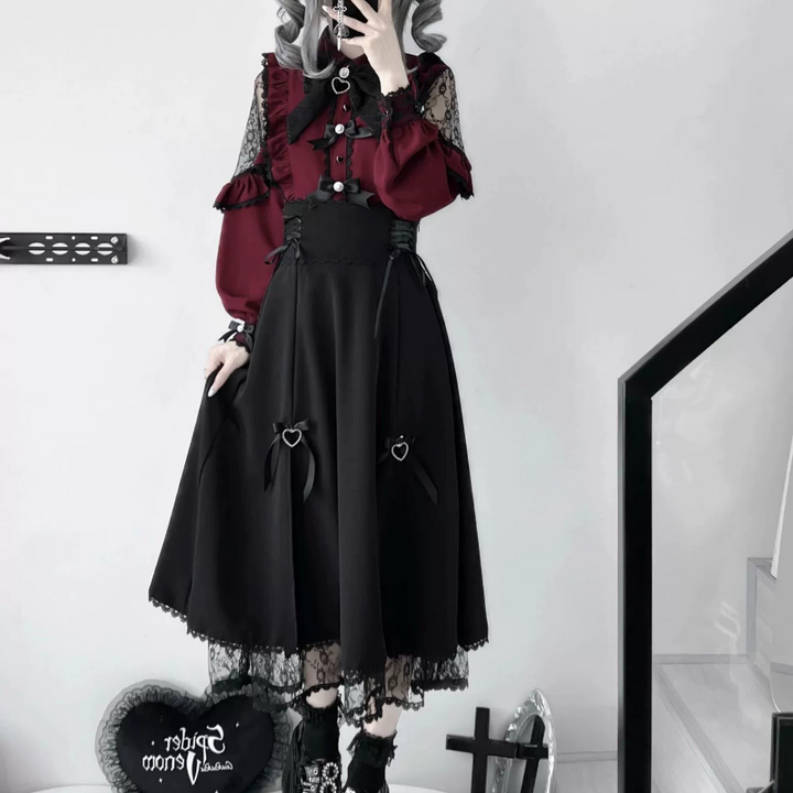 Jirai Kei Blouse Long Black Skirt Hight-waist Lace Up Skirt 41720:711586