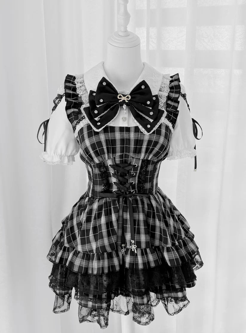 Jirai Kei Lace Plaid Dress Set, Detachable Rhinestone Bow (Plaid / L M S XL) 45700:860706