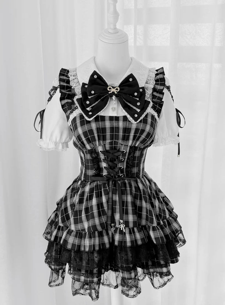 Jirai Kei Lace Plaid Dress Set, Detachable Rhinestone Bow (Plaid / L M S XL) 45700:860706