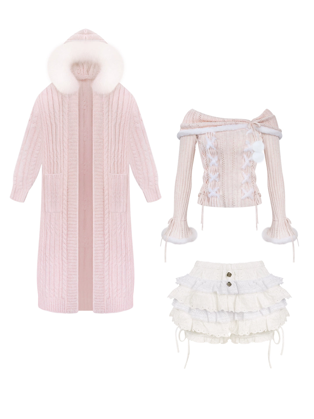 Pink Long Hooded Coat, Off Shoulder Sweater Outfit 44081:794978