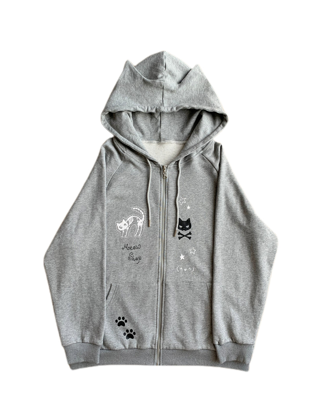 Yami Kawaii Coat Skull Cat Print Grey Hoodie Jacket 39706:637118