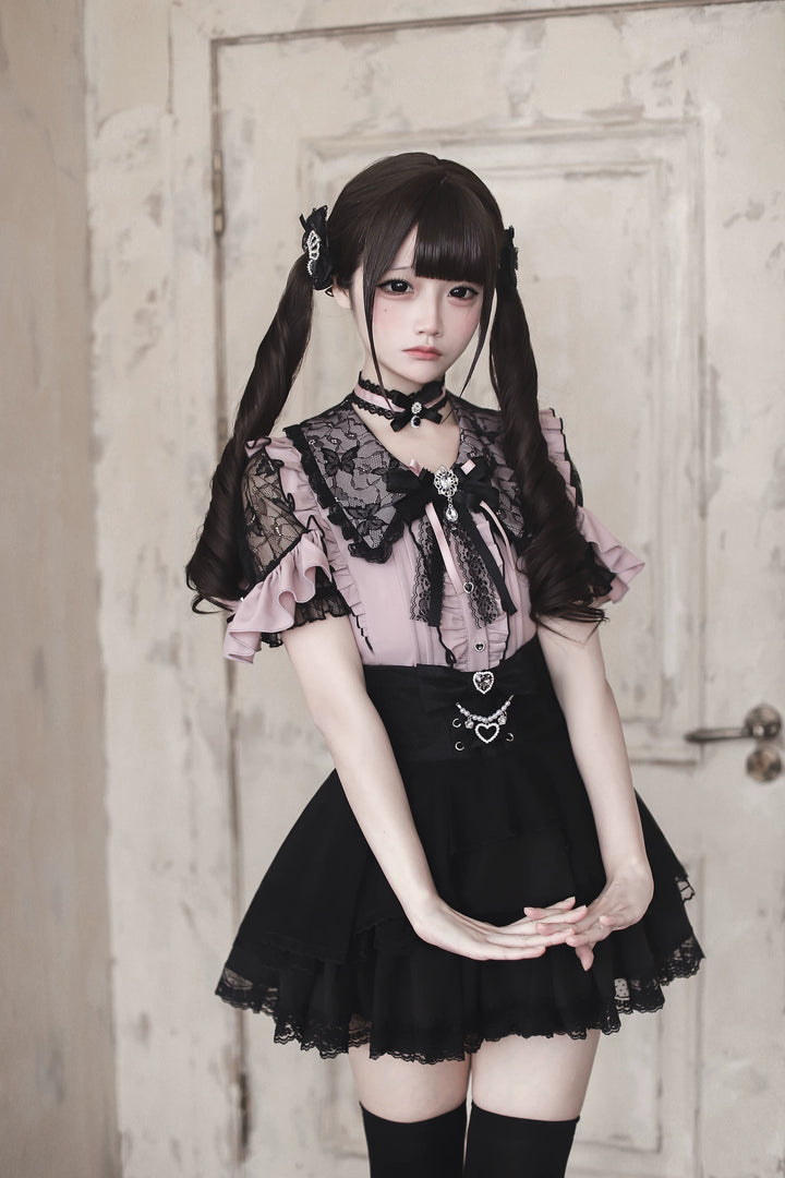 Jirai Kei Lace Sleeve Blouse, Ruffle Details 45194:841380