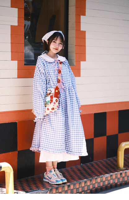 Oversized Mory Kei Dress Plaid Long Sleeve Dress Sweet Dress 36168:517360