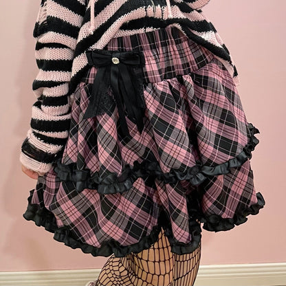 Punk Plaid Skirt Pink Blue Skirt Bow Layered Ruffle Skirt (L M) 33818:445978