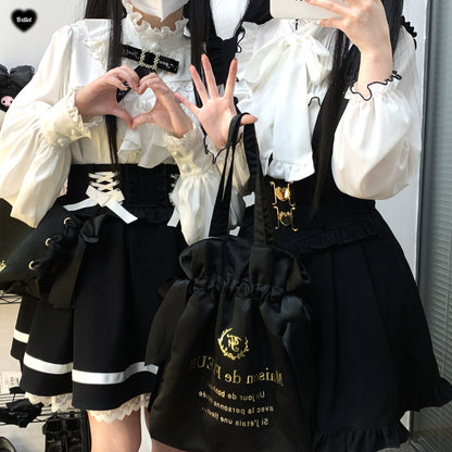 Jirai Kei White Black Blouse Lace Standing Collar Long Sleeved Shirt 31852:372676