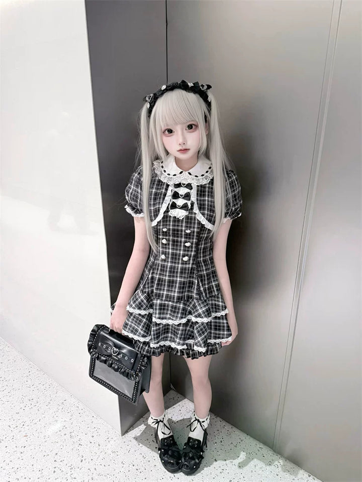 Plaid Jirai Kei Dress Set, Peter-pan Collar 45568:853312