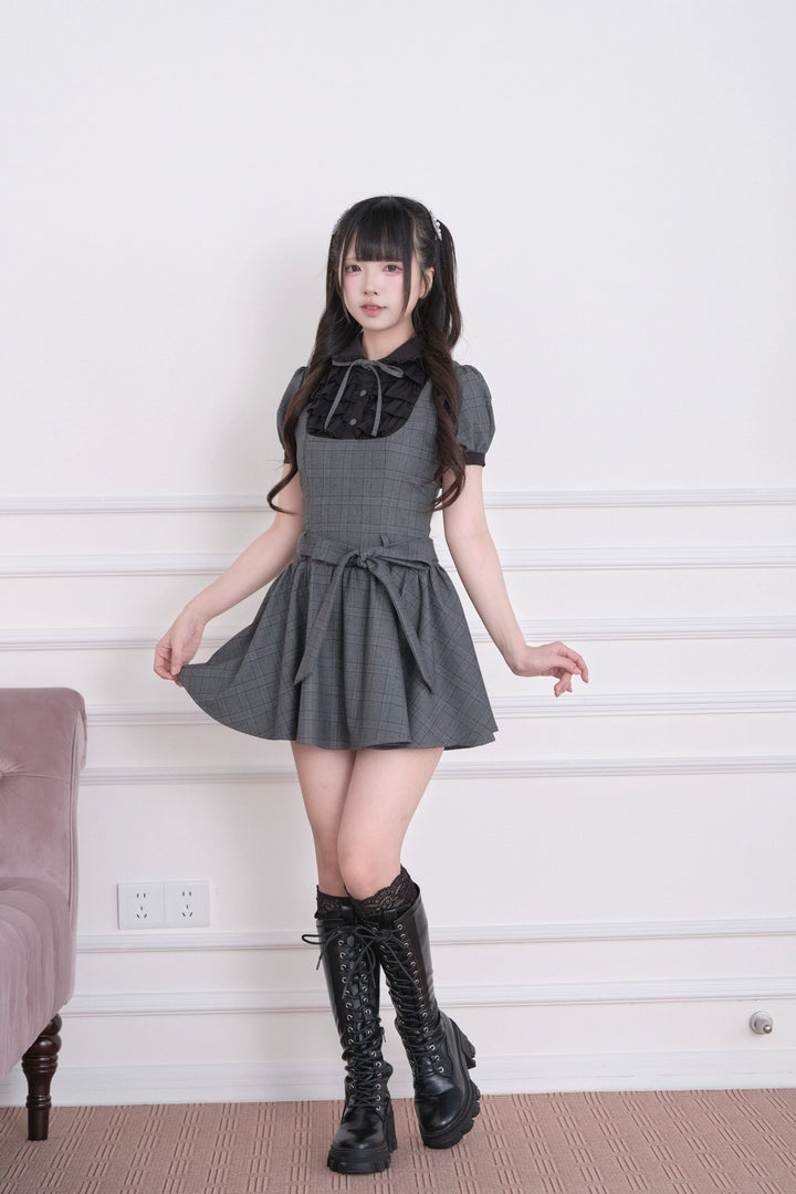 Summer Jirai Kei Plaid Dress, Layered Ruffle Chest 45197:839845