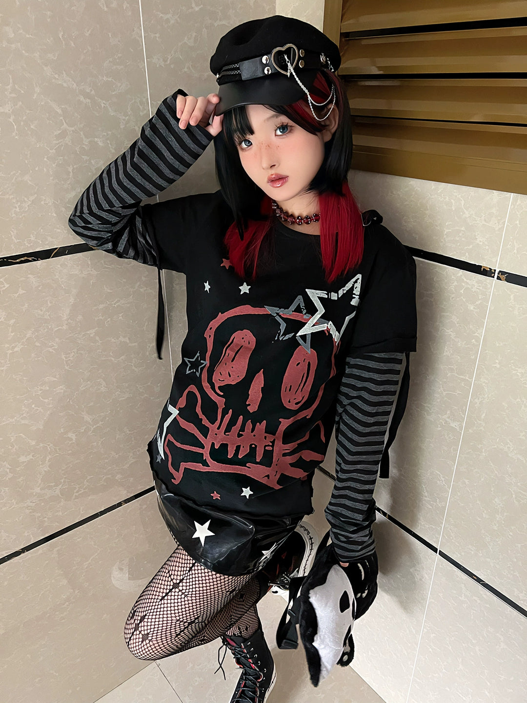 Punk T-shirt Long Sleeve T-shirt Printed Cotton Top 37710:577392