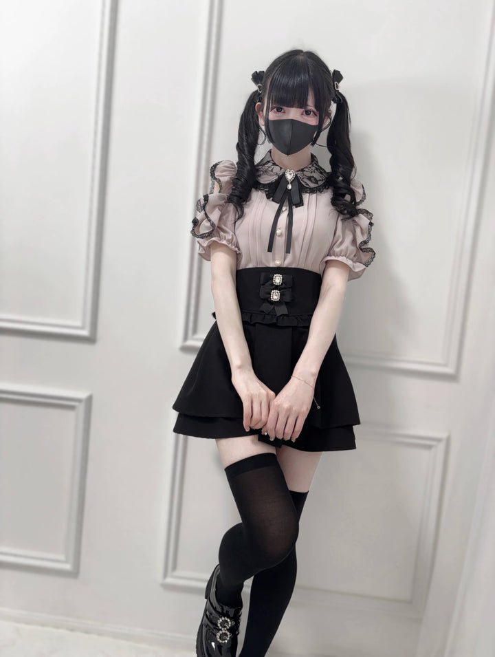 Ruffle Lace Ryousangata Blouse with Pearl Buttons And Ribbon 43103:765841