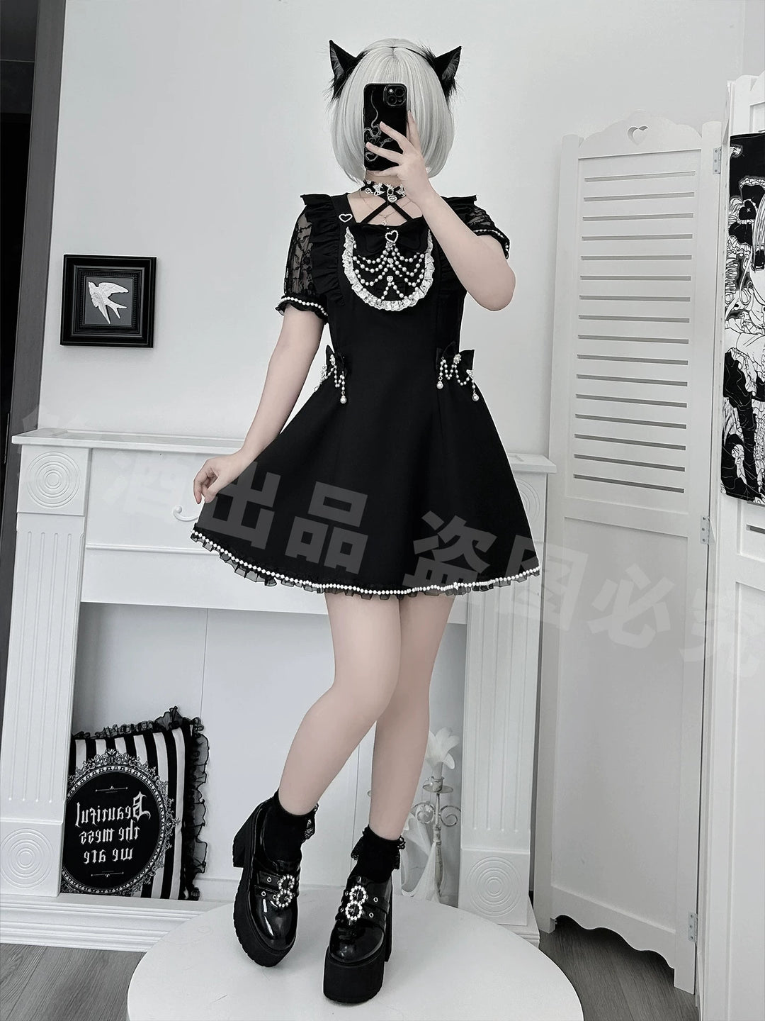 Jirai Kei Pearl Chain Dress, Halter Neckline 45650:857193