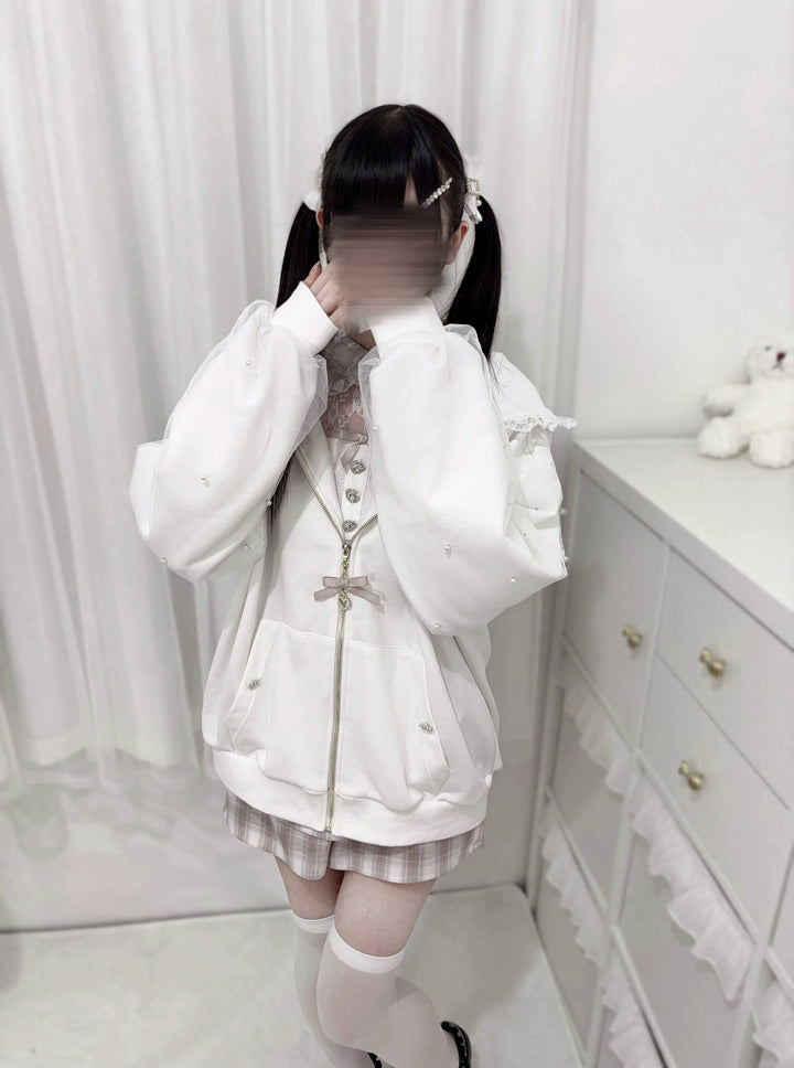 Plus Size Jirai Kei Coat Hooded Jacket With Bow And Pearl 39878:638216