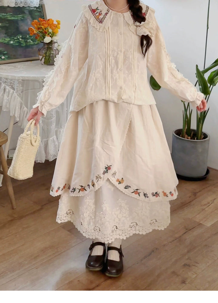 Mori Kei Skirt Sweet Retro Linen Embroidered Long Skirt 41802:714094