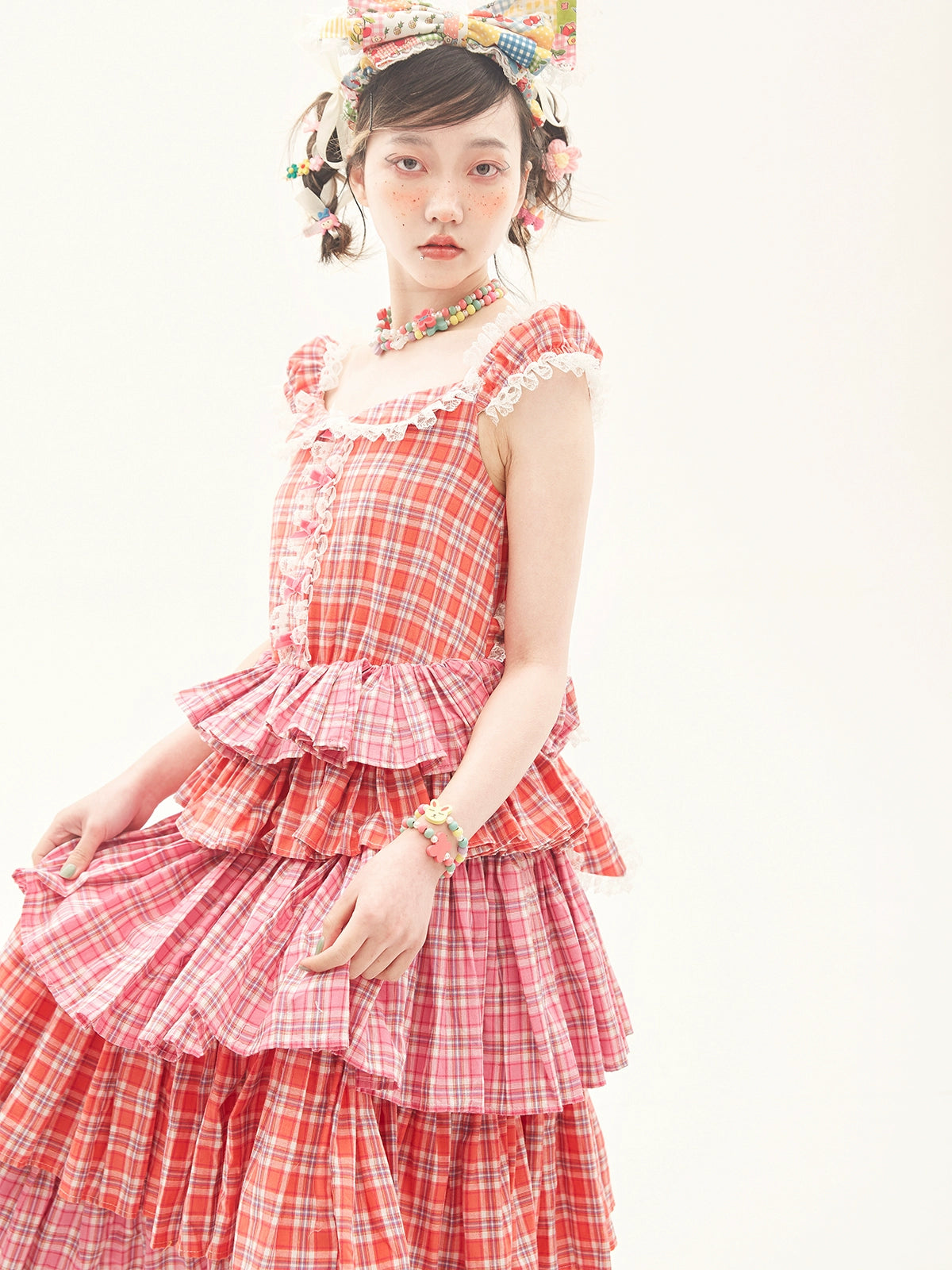 Sweet Lolita Dress Pink Plaid Dress Kawaii Layered Dress 36166:543332