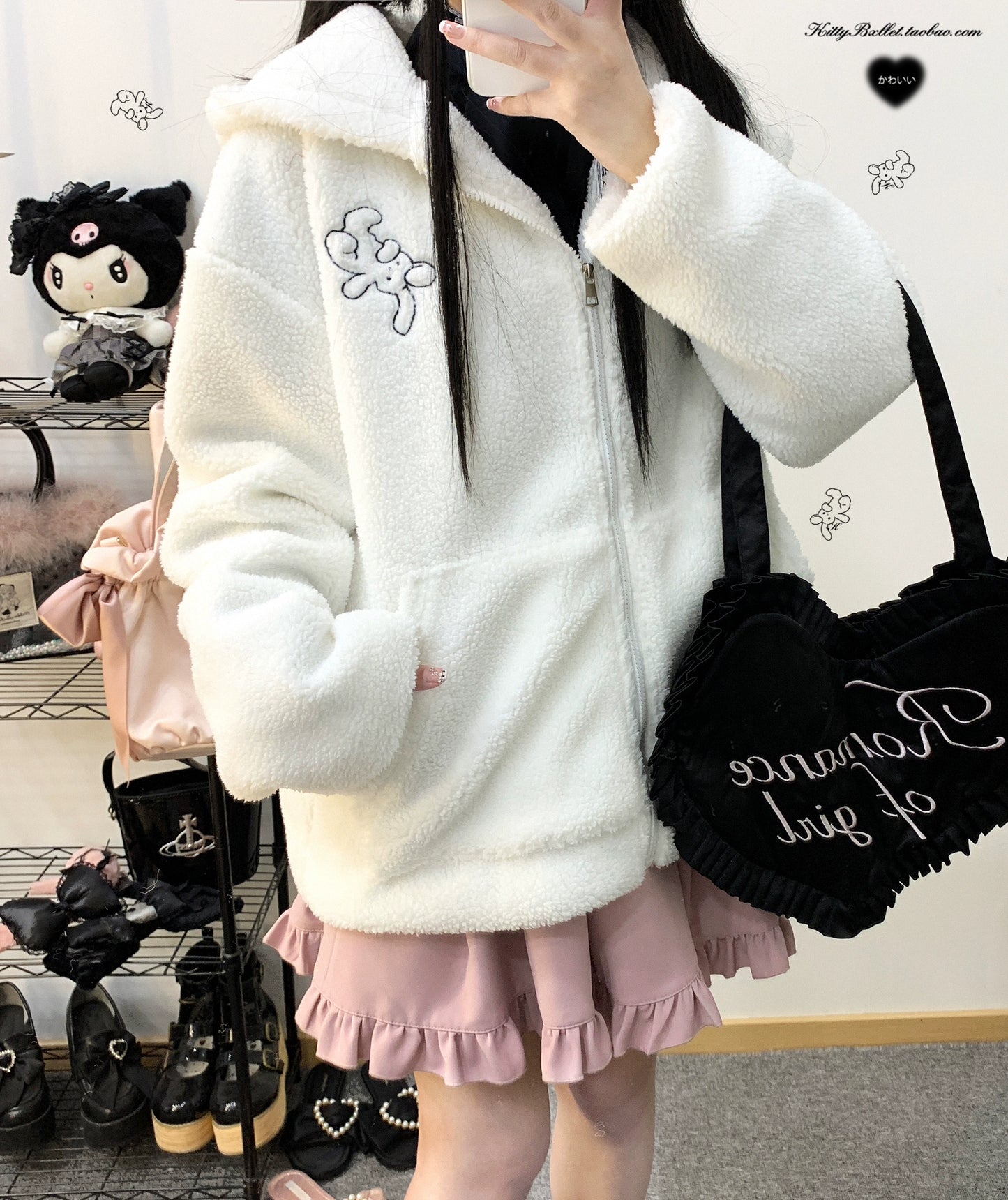 Jirai Kei White Black Coat Zipper Rabbit Ear Lamb Fleece Coat 31862:371870