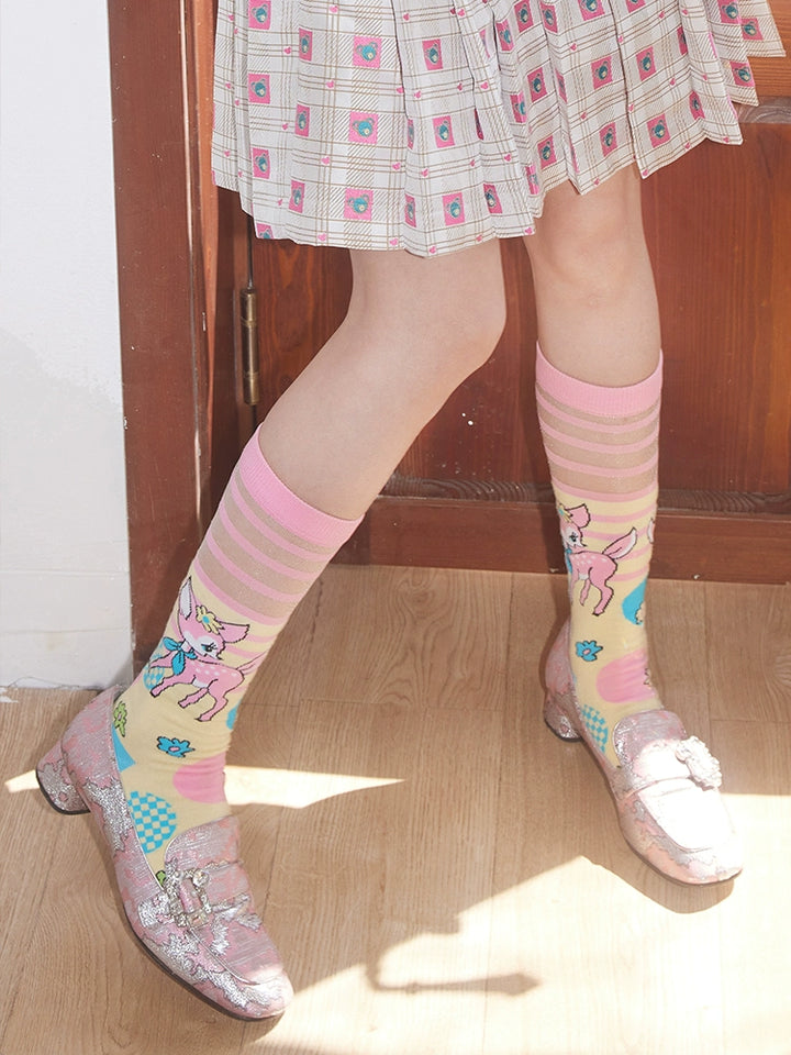 Striped Flower Glass Stockings Polka Dot Deer Knee Socks 31700:370192 31700:370192