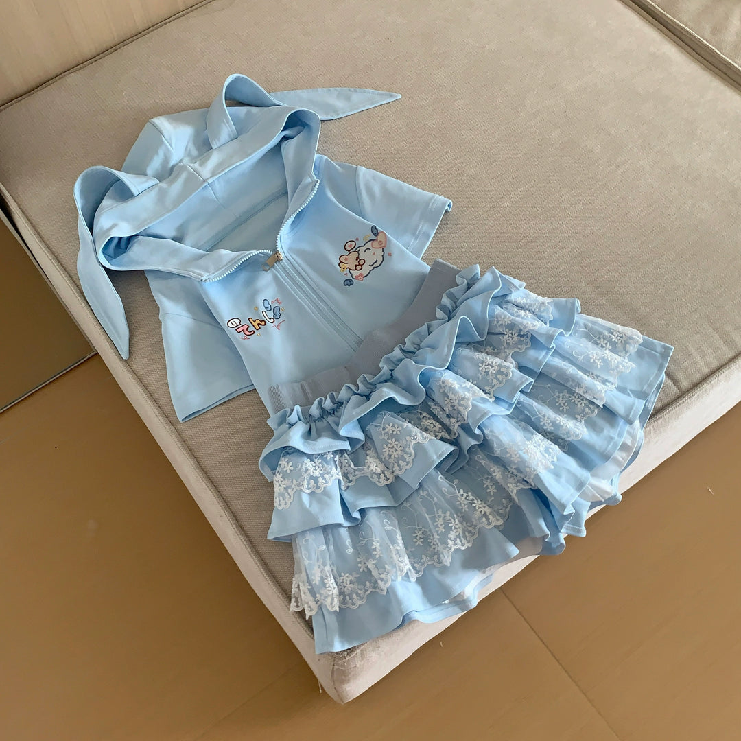 Bunny Eared Kawaii Outfit, Blue Zip Up Sweatshirt + Lace Skirt 43560:779920