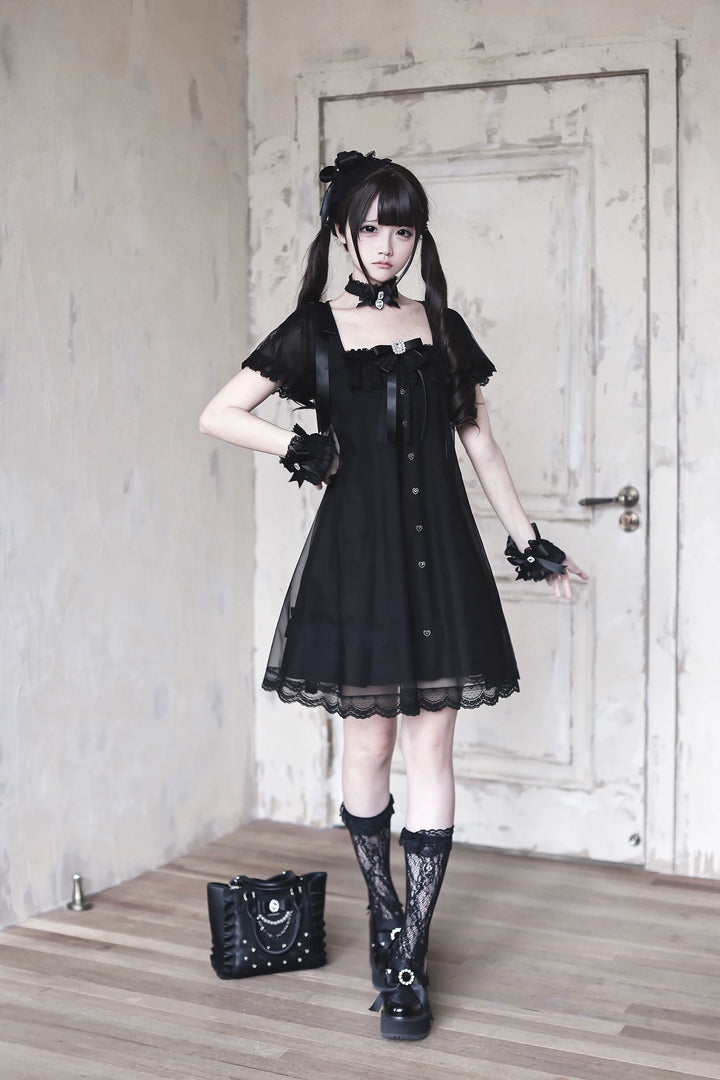 Jirai Kei Tulle Overlay Dress, Square Neckline 45558:855515