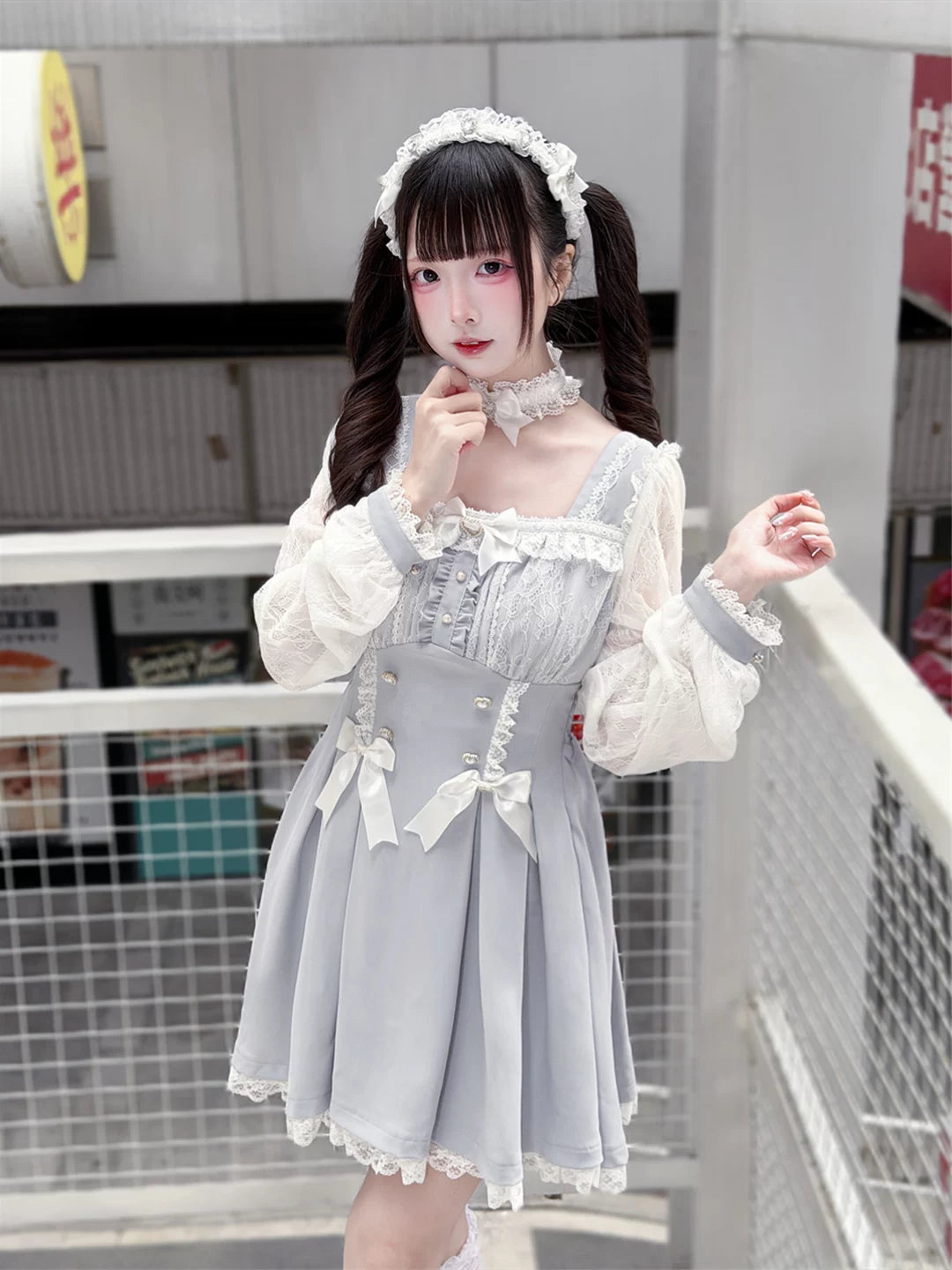 Ryousangata Lace Long Sleeve Dress, Square Neckline 45580:853917