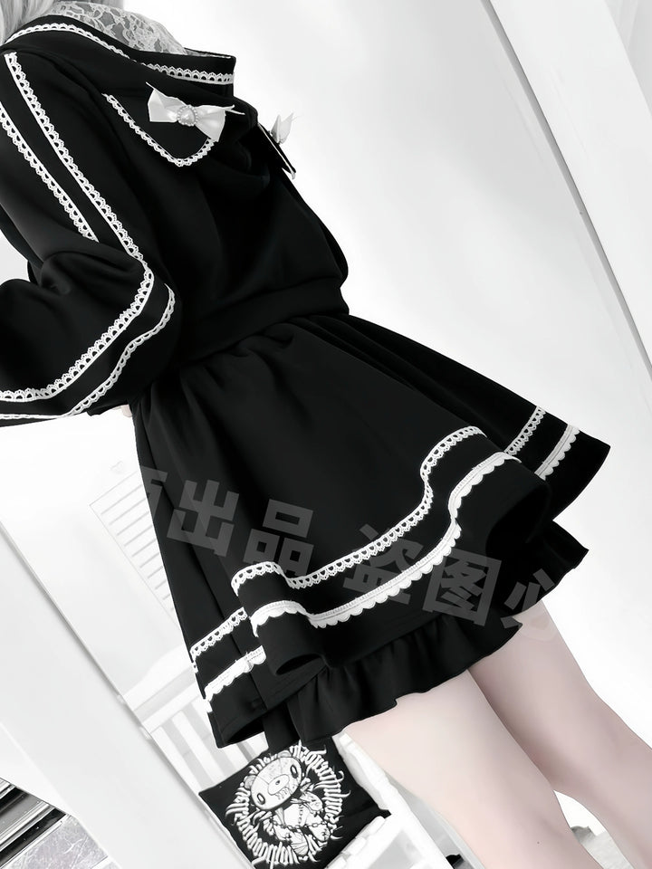 Cat Ear Jirai Kei Zip-Up Hoodie, Pleated Skirt 43809:786287